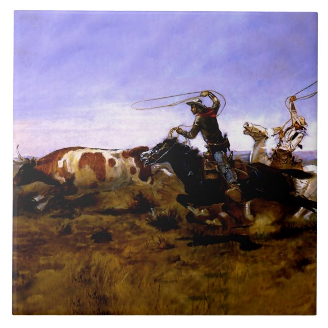 “Cowboys Roping a Steer” by Charles M Russell Tile (Front)
