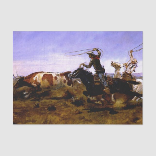 “Cowboys Roping a Steer” by Charles M Russell Tissue Paper (Front)