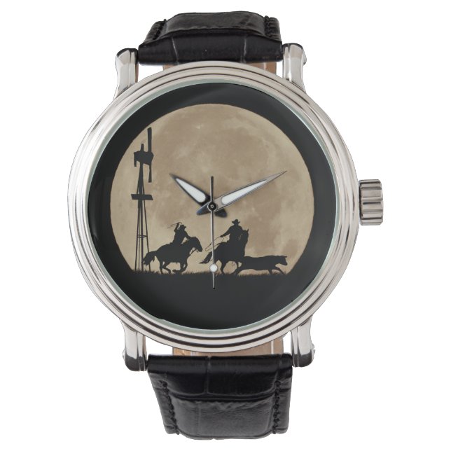 Cowboys Roping Steer and Horses Full Moon Watch (Front)