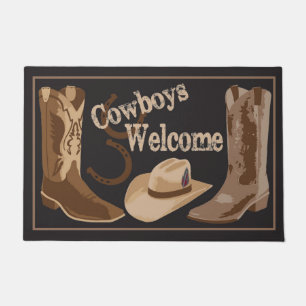 Cowboys Welcome Black Brown Boots Hats Horseshoes Doormat