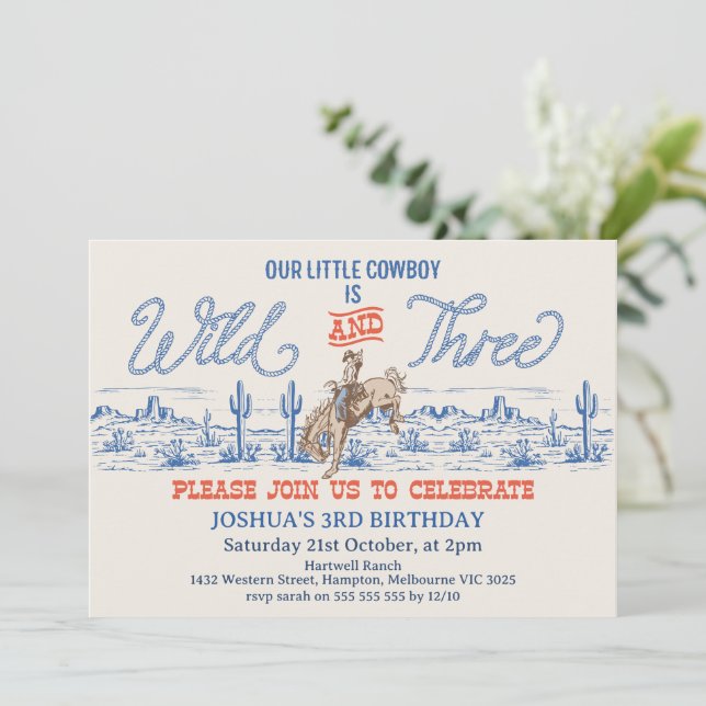 Cowby Blue Rodeo Wild and Three 3rd Birthday  Invitation (Standing Front)