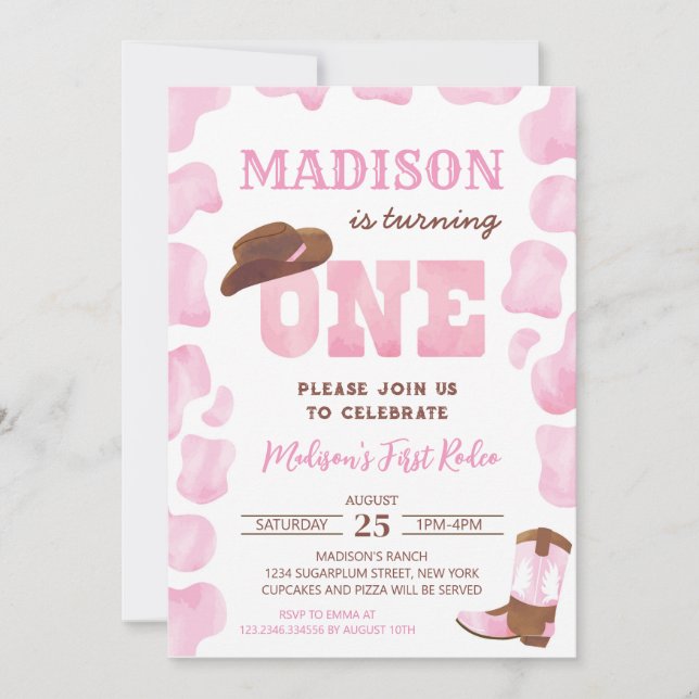 Cowgirl 1st Rodeo First Birthday Invitations (Front)