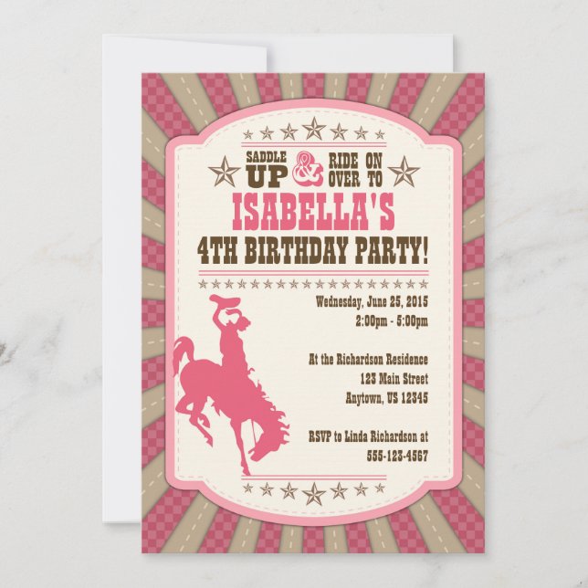 Cowgirl 4th Birthday Party Girl Invitation (Devant)