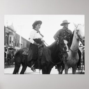 Cowgirl and Cowboy on Horseback: 1908 Poster