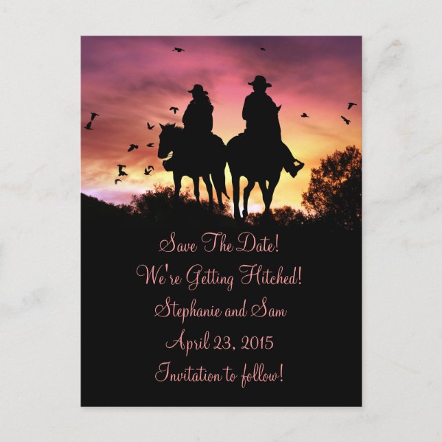 Cowgirl and Cowboy Riding Save the Date Postcard (Front)