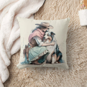 Cowgirl And Dog Pastel Watercolor Throw Pillow