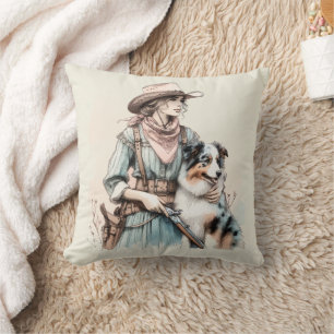 Cowgirl And Dog Pastel Watercolor Throw Pillow