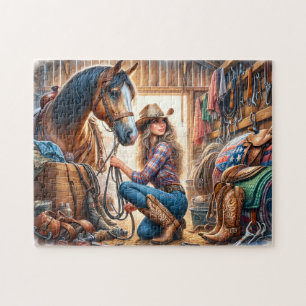 Cowgirl and Horse in Barn Stable at Ranch Jigsaw Puzzle
