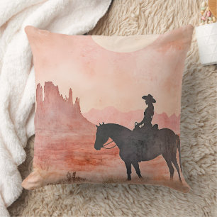 Cowgirl and Horse Southwestern Sunset Silhouette Throw Pillow