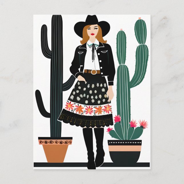 Cowgirl and Potted Cactus Plants Postcard (Front)