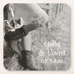 Cowgirl and Sunflowers Country  Wedding Square Paper Coaster