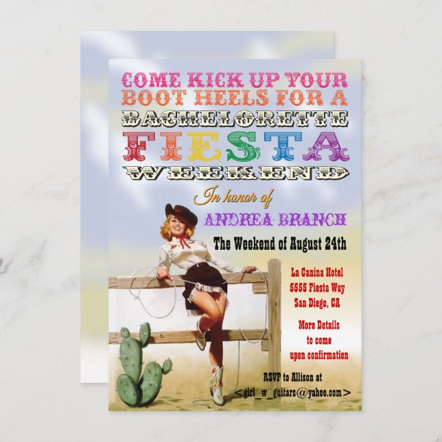 Cowgirl Bachelorette Fiesta Weekend Invitations (Front/Back)