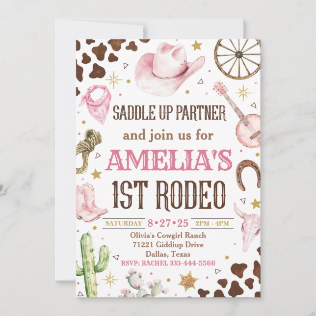 Cowgirl Birthday Invitation, 1st Rodeo Invitation (Front)