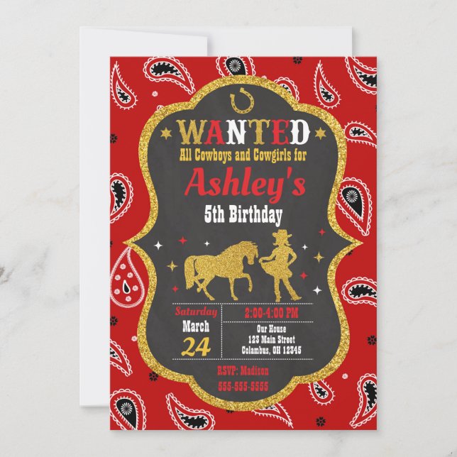 Cowgirl Birthday Invitation / Western / Glitter (Front)