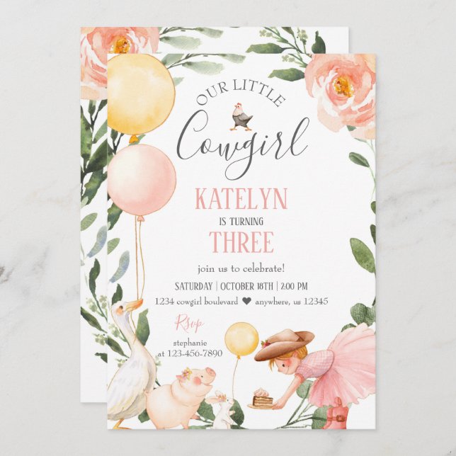 Cowgirl Birthday Invitation with Greenery (Front/Back)