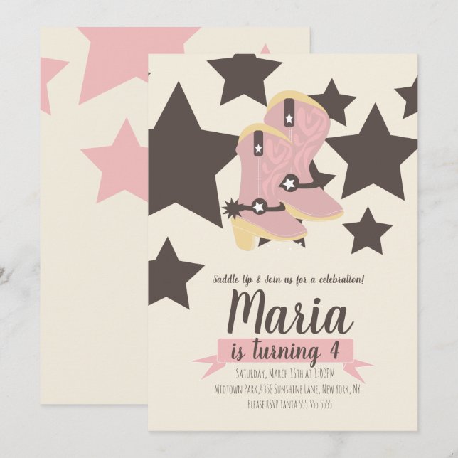 Cowgirl Birthday Pink Stars Invitation (Front/Back)