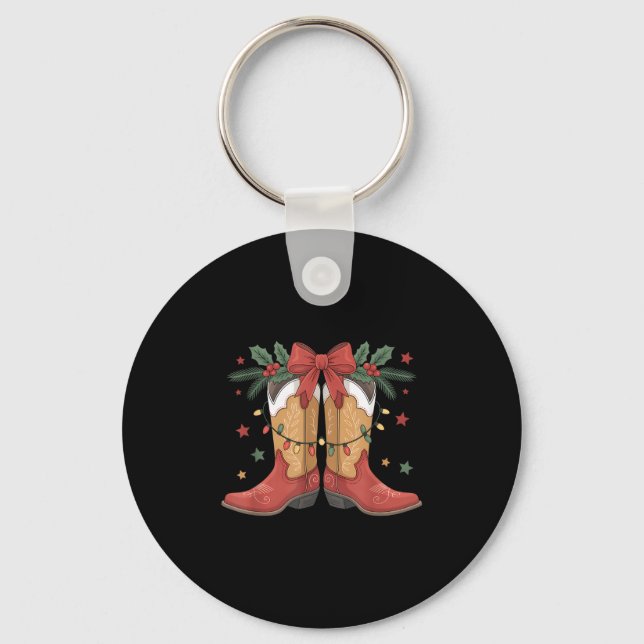 Cowgirl Boot Western Christmas Lights Country Wome Keychain (Front)