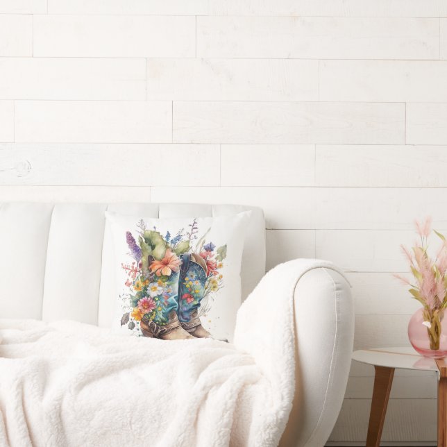 Cowgirl Boots and Colourful Flowers Throw Pillow (Couch)