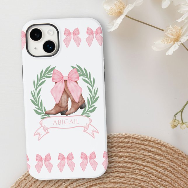 Cowgirl Boots and Pink Bows Personalized Case-Mate iPhone Case (Personalized iphone case with cowgirl boots, pink bows and club style logo by Darling and May)