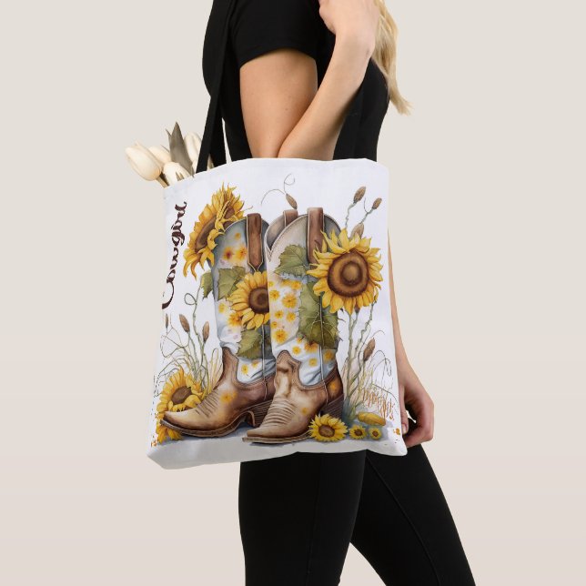Cowgirl Boots and Sunflowers Tote Bag (Close Up)