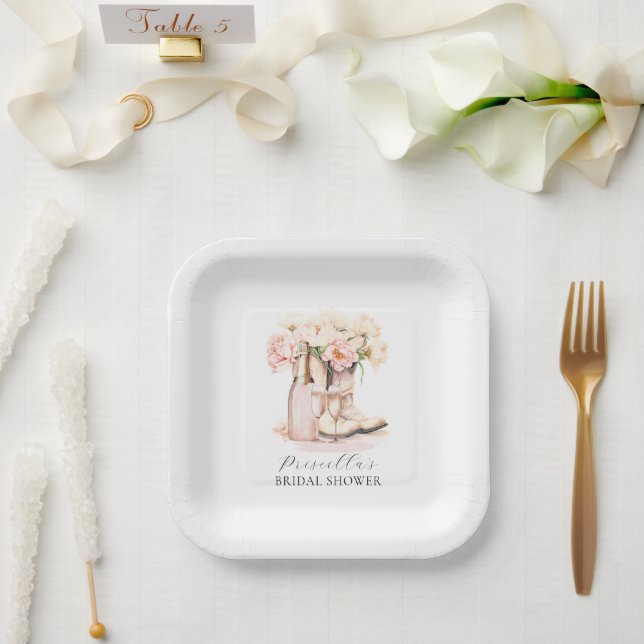 Cowgirl Boots Peonies Blush Pink BRIDAL SHOWER Paper Plate (Wedding)