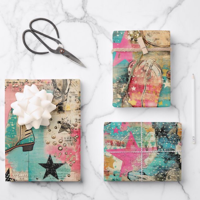 Cowgirl Boots Stars Pink Turquoise Set 3 Assorted Wrapping Paper Sheet (Front)