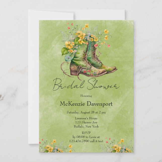 Cowgirl Boots Wildflowers Green Bridal Shower Invitation (Front)