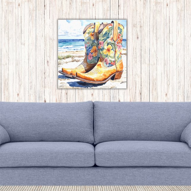Cowgirl Boots withHawaiian Floral Watercolor Canvas Print (Tropical Hawaiian Floral Patterned Cowgirl Boots on the Beach Western Canvas Print)