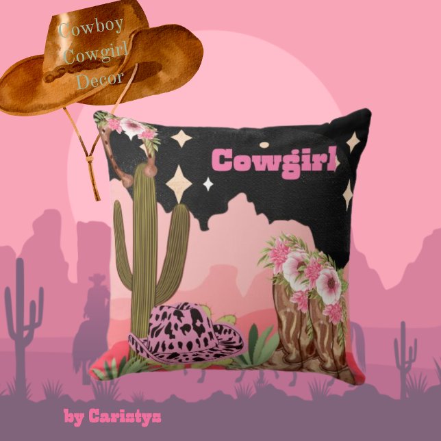 Cowgirl, Cactus, Boots, Hat  Throw Pillow (Creator Uploaded)