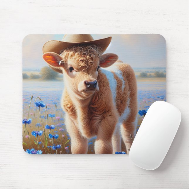 Cowgirl Calf In Pasture With Cornflowers Mouse Pad (With Mouse)