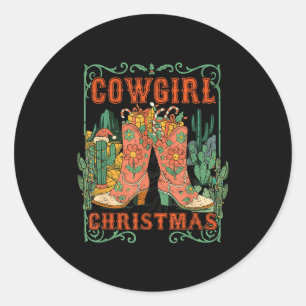 Cowgirl Christmas Boots Cactus Retro Western Holid Classic Round Sticker