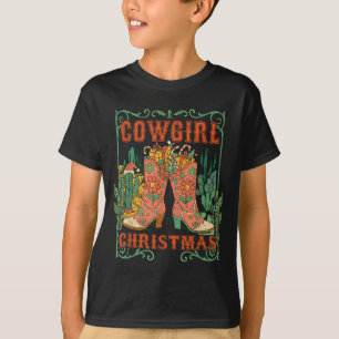 Cowgirl Christmas Boots Cactus Retro Western Holid T-Shirt