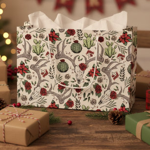 Cowgirl Christmas Floral Reindeer Skull Large Gift Bag
