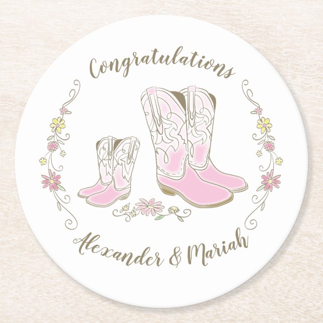 Cowgirl Country Western Theme Pink Baby Shower Round Paper Coaster (Front)