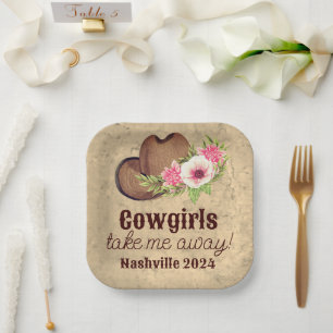 Cowgirl Country Western Theme Rustic Pink Floral  Paper Plate