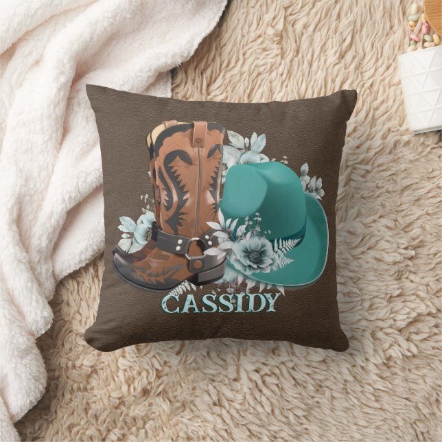 Cowgirl cowboy boots hat turquoise brown leather throw pillow (Blanket)