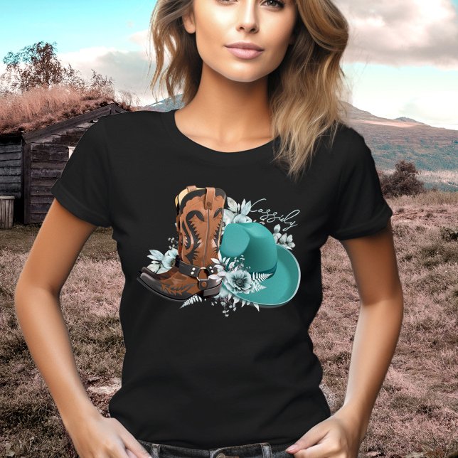 Cowgirl cowboy boots hat turquoise brown name T-Shirt (Cowgirl t-shirt, personalized cowgirl tee with cowboy boots, cowboy hat, flowers and your name)
