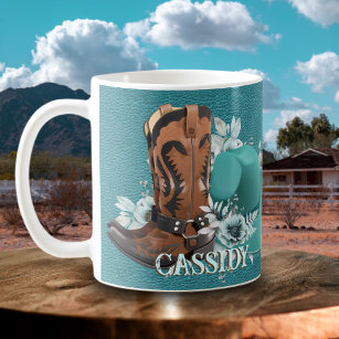 Cowgirl cowboy boots hat turquoise leather name coffee mug