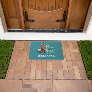 Cowgirl cowboy boots hat turquoise leather name doormat
