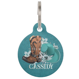 Cowgirl cowboy boots hat turquoise leather name pet tag