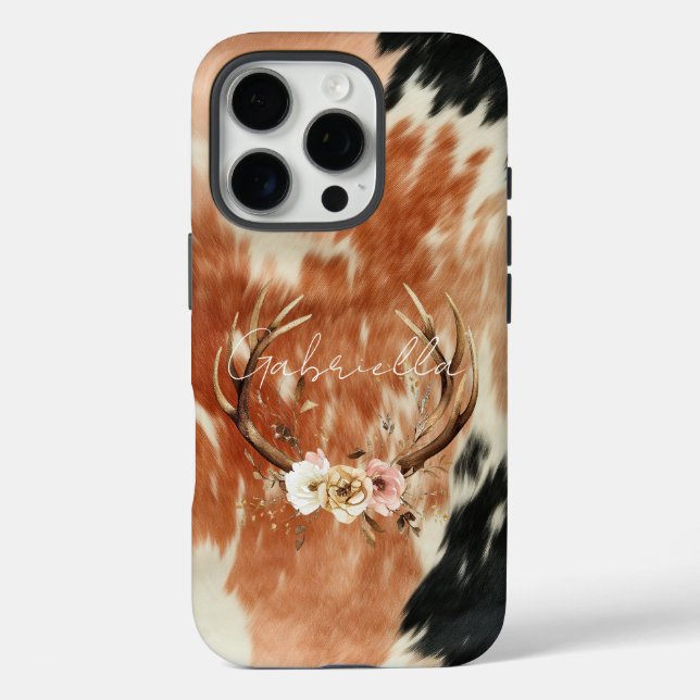 Cowgirl Cowhide Floral Deer Antlers Case-Mate iPhone Case (Back)