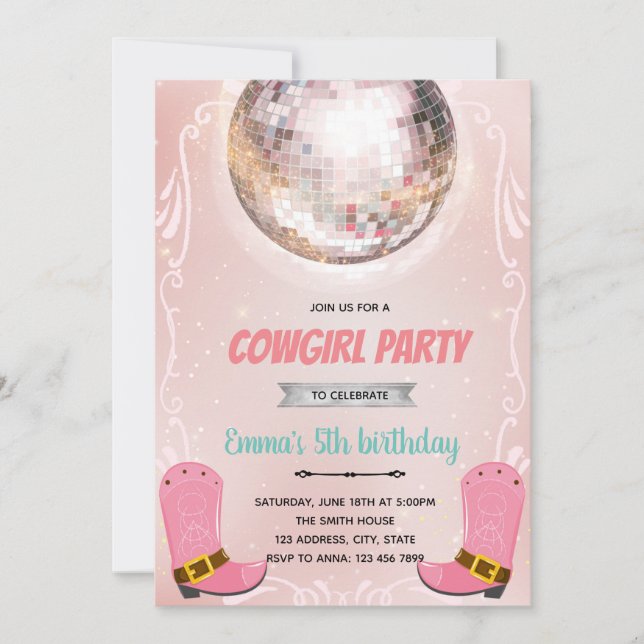 Cowgirl disco dance theme party invitation (Front)