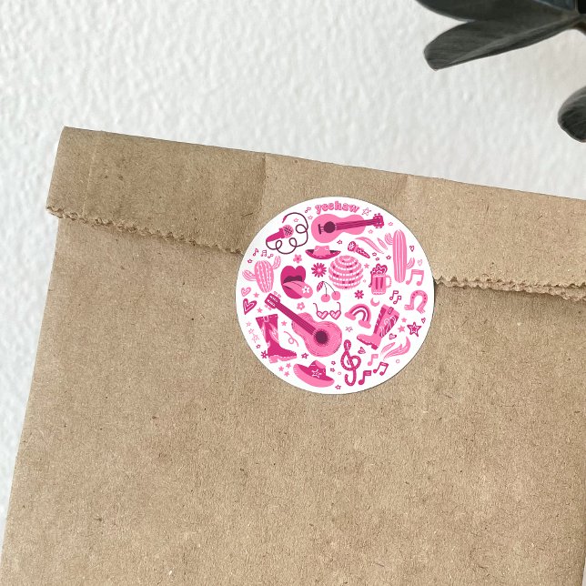 Cowgirl Disco Rodeo Classic Round Sticker (Retro Cowgirl stickers, pink)
