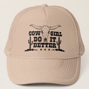 COWGIRL DO IT BETTER Cow skull with long horns art Trucker Hat