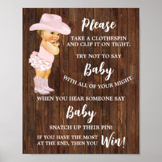 Cowgirl Don't say Baby Clothespin Baby Shower Game Poster