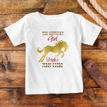 Cowgirl first rodeo pink and gold birthday baby T-Shirt<br><div class="desc">Cowgirl first rodeo pink and gold birthday t-shirt. Golden horse,  western script.</div>