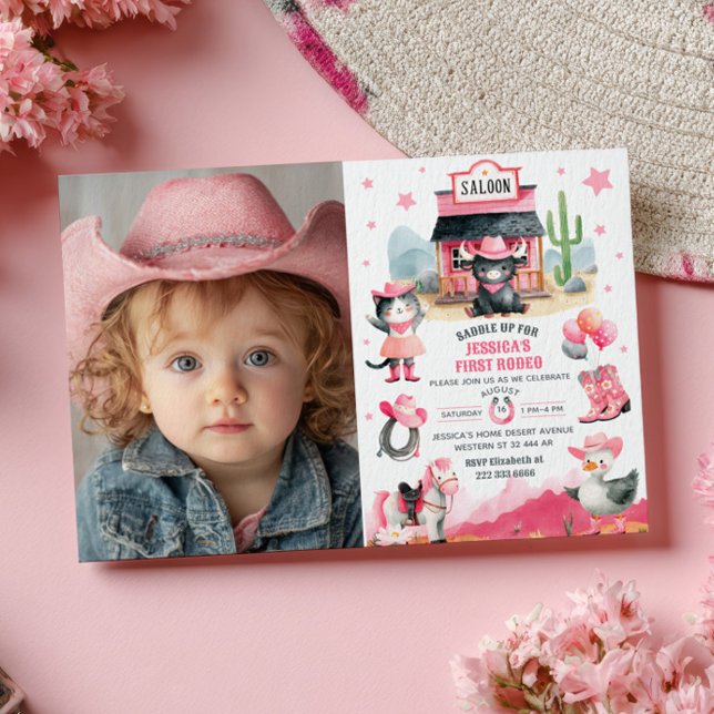 Cowgirl First Rodeo Pink Western Photo Birthday Invitation (Creator Uploaded)