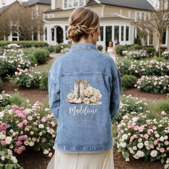Cowgirl Floral Cowboy Boots Bride Bridesmaid Denim Jacket (Wedding Back)