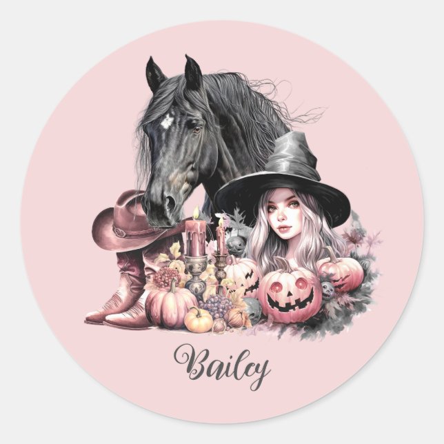 Cowgirl Halloween horse Brooms are for amateurs Classic Round Sticker (Front)