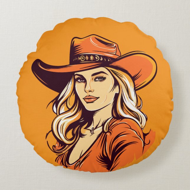 Cowgirl Hat Woman Illustration Round Pillow (Front)